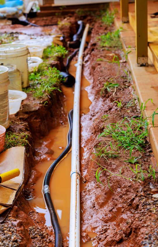 Water floods drainage trench for communication cables during heavy rains